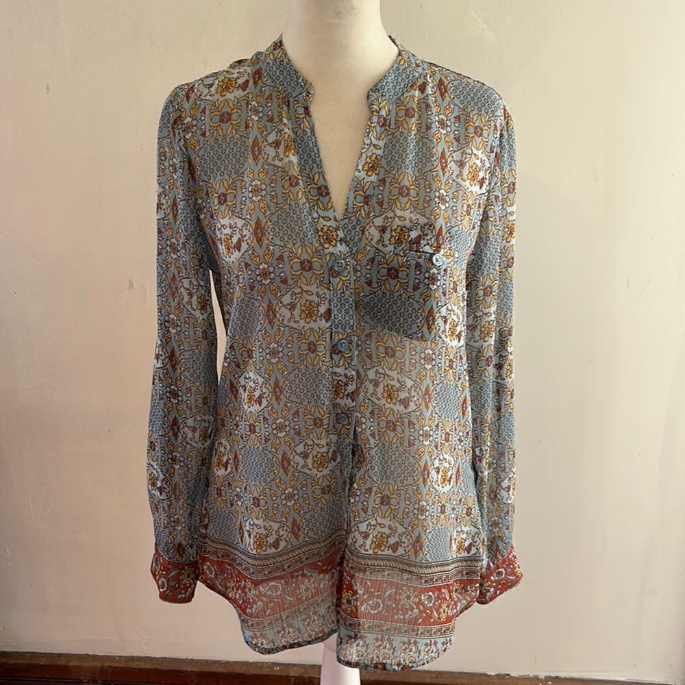 Kut from the Kloth blue brown sheer floral long rollable sleeve blouse Size XS